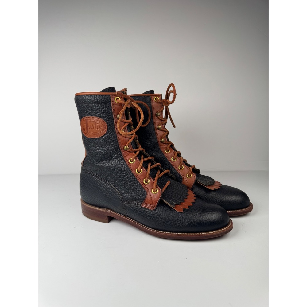 Justin‎ Western Kiltie Cowboy Lacer Boots Women's Size 7B L0537 Vintage Blk Brwn
